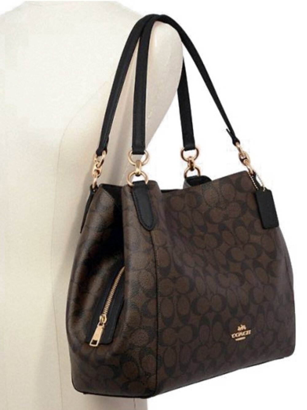 Coach Hallie Pebbled Leather Handbag Canvas Monogram Black Brown Gold Retail$398
